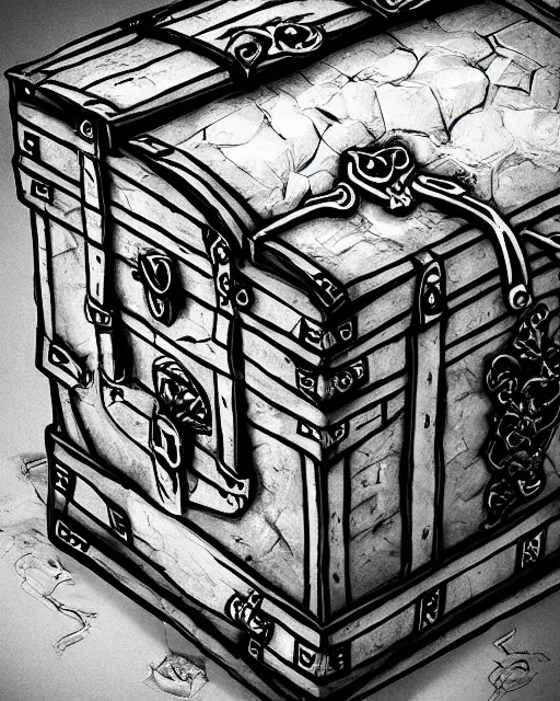 Prompt: a treasure chest, black and white, fantasy art, object art, illustration, fantasy, intricate, hyper detailed, artstation, concept art, smooth, sharp focus, ray tracing