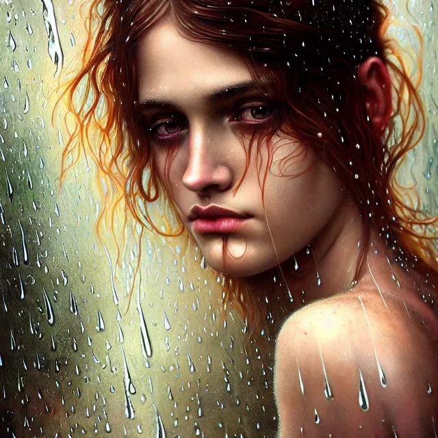 Image similar to bright portrait surreal rain on face and wet hair, diffuse overhead lighting, fantasy, intricate, elegant, dramatic lighting, highly detailed, lifelike, photorealistic, digital painting, artstation, illustration, concept art, smooth, sharp focus, art by John Collier and Albert Aublet and Krenz Cushart and Artem Demura and Alphonse Mucha