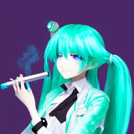 Prompt: hatsune miku smoking weed with a vape pen, smoke coming out of her mouth, bloodshot eyes, artstation, 4 k