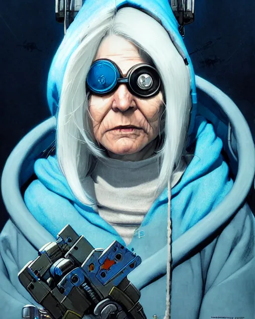 Image similar to ana from overwatch, eye patch, white hair, hooded blue cloak, older woman, character portrait, portrait, close up, concept art, intricate details, highly detailed, vintage sci - fi poster, in the style of chris foss, rodger dean, moebius, michael whelan, and gustave dore