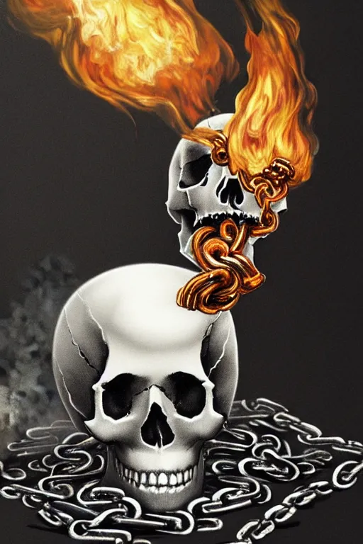 Image similar to pile Off pills and a skull on the table, skull made out of smoke coming out of pills, fantasy, intricate, elegant, highly detailed, digital painting, artstation, concept art, addiction, chains, backround as room full of garbage, smooth, sharp focus, illustration, art by Ilja Repin