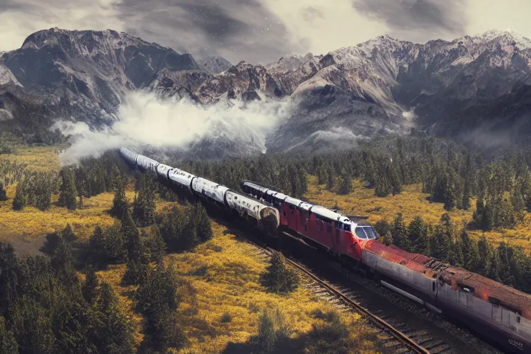 Image similar to a stunning aerial shot of beautiful mountains towering over a vast landscape, with a train from the 8 0 s tearing through the fabric of the universe, digital art, realistic, 4 k wallpaper