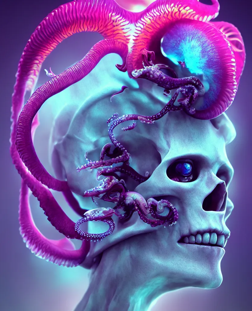 Image similar to goddess close - up portrait human skull, ram skull, squid phoenix jellyfish, orchid, betta fish, bioluminiscent, intricate artwork by tooth wu and wlop and beeple. octane render, trending on artstation, greg rutkowski very coherent symmetrical artwork. cinematic, hyper realism, high detail, octane render, 8 k