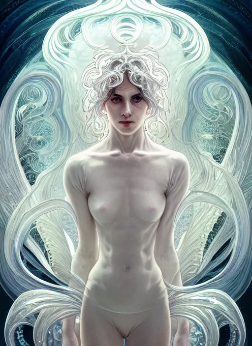 Image similar to a photographic portrait of a anthropomorphic bioluminescent water wave wearing white clothes, fantasy, intricate, elegant, highly detailed, digital painting, artstation, concept art, smooth, sharp focus, illustration, art by artgerm and h r giger and alphonse mucha