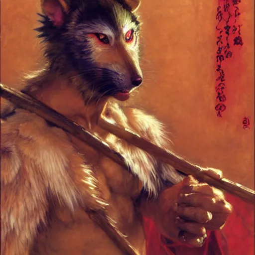 Image similar to a male ninja ratwolfman rat wolf man in a red kimono furry arms furry body walking stick. furaffinity furry art detailed face painting by gaston bussiere craig mullins jc leyendecker gustav klimt artgerm greg rutkowski furry