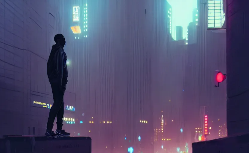 Image similar to single handsome black genius infiltrating the metaverse wearing jordans, urban atmosphere, glowing lights, highly detailed, digital painting, artstation, concept art, smooth, sharp focus, illustration, art by wlop, mars ravelo and greg rutkowski