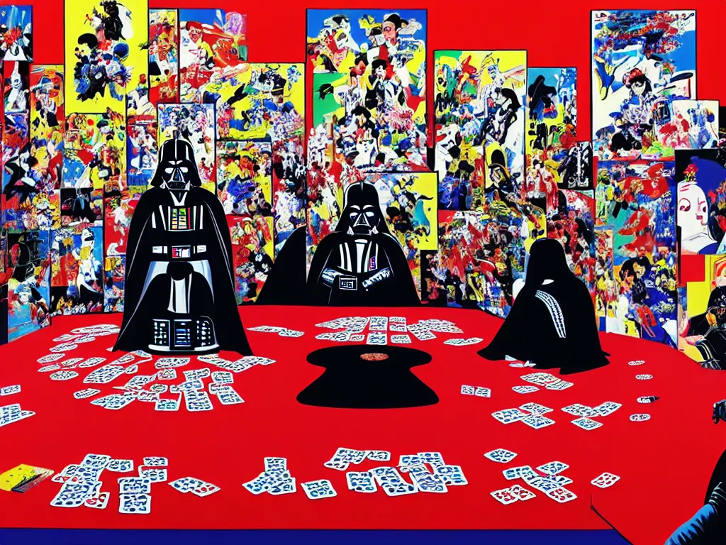 Image similar to hyper - realistic composition of a large room with an extremely detailed poker table in the center, woman in traditional japanese kimono standing nearby, darth vader sitting at the table, fireworks in the background, pop art style, jackie tsai style, andy warhol style, acrylic on canvas, dull palette