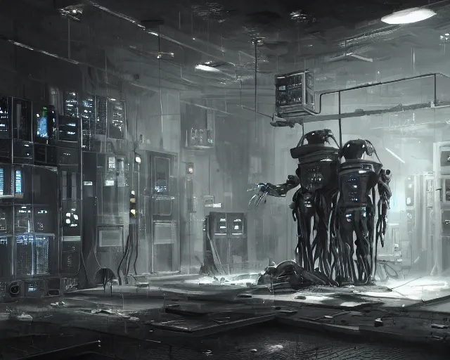 Prompt: gloomy colossal ruined server room in datacenter robot figure automata headless robot knight welder posing pacing fixing soldering mono sharp focus, emitting diodes, smoke, artillery, sparks, racks, system unit, motherboard, by pascal blanche rutkowski artstation hyperrealism painting concept art of detailed character design matte painting, 4 k resolution blade runner