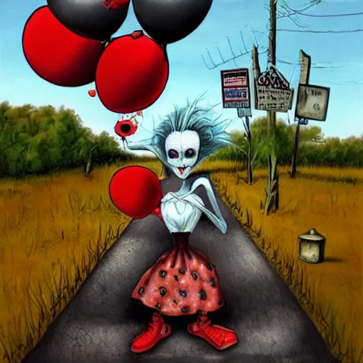 Image similar to grunge cartoon painting of the end of the road with a wide smile and a red balloon by chris leib, loony toons style, pennywise style, corpse bride style, horror theme, detailed, elegant, intricate