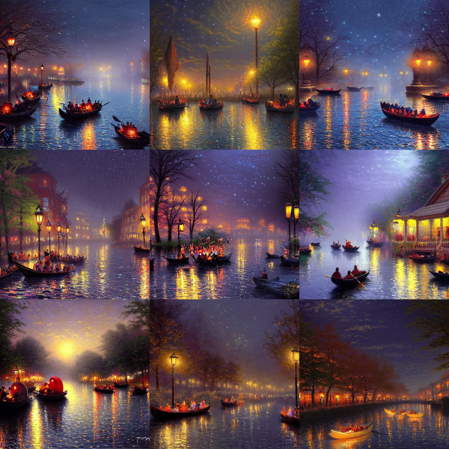 Prompt: lantern boats floating in a river, evocative, dark night, detailed, award - winning, trending on artstation artwork by thomas kinkade,