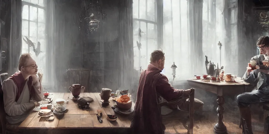 Prompt: an english man and a Chtulhuhaving breakfast in the morning, light coming through window, hitting on the table, they sat on a chair, in the style of harry potter, volumetric lighting, cinematic composition, 8K wallpaper, hypermaximalist, hyper realistic, super detailed, octane,illustration, art by Krenz Cushart, fantasy, intricate, elegant, highly detailed, digital painting, artstation, concept art, smooth, sharp focus, illustration