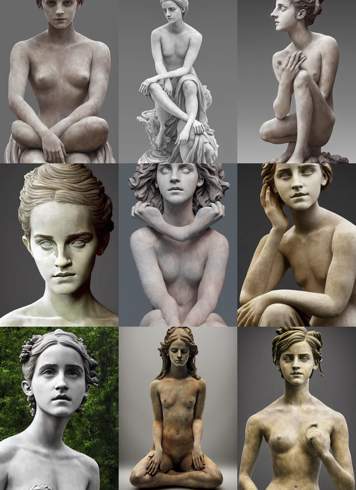 Prompt: sculpture statue of Emma Watson by Jean-Baptiste Carpeaux and Luo Li Rong and Michael James Talbot, all body, peacefully sitting meditation pose, perfect symmetrical face, psychedelic, bodypaint, colored marble, in full growth, elegant, realistic, 8K, female full-skin figure, hyperrealism, subsurface scattering, raytracing, rim light, Octane Render, Redshift, Zbrush