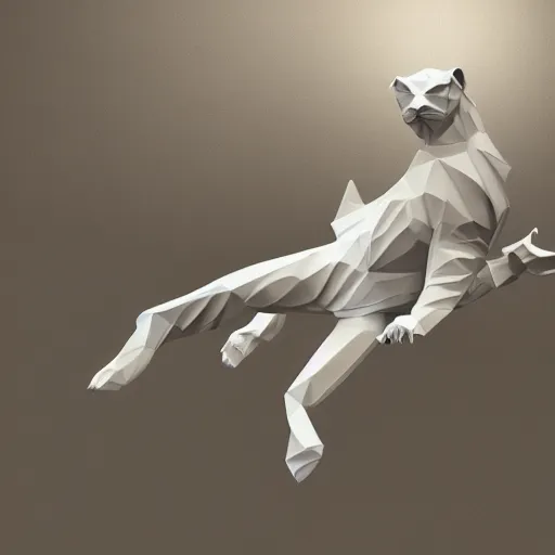 Image similar to a low - poly render of a white tiger in a dynamic action pose dwelling in the spirit realm, low poly 3 d, octane render, dramatic dreamlike lighting, all white render, no textures, angular energetic background elements, angular dynamic white rock floor