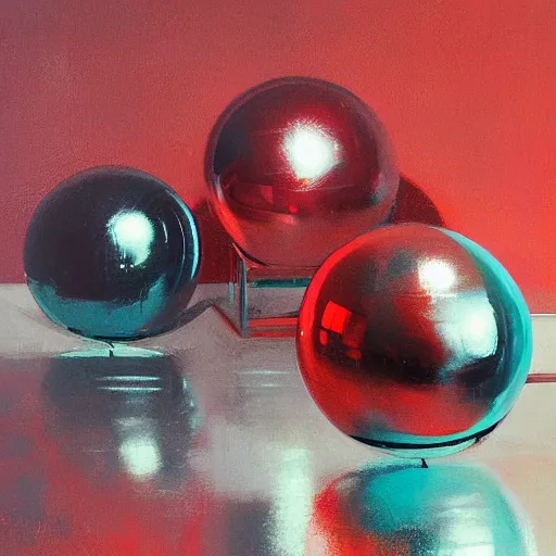 Prompt: chrome spheres on a red cube by adrian ghenie