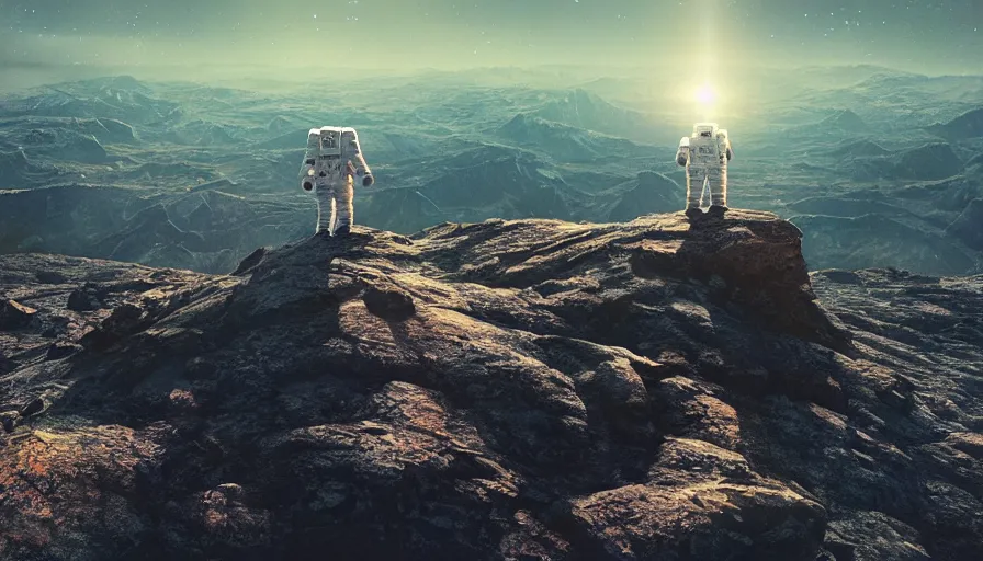 Prompt: american astronaut standing on a top of a mountain, mid shot,, starry night, moonlit, cinematic lighting, atmospheric, realistic, octane render, highly detailed, color graded, in the style of craig mullins