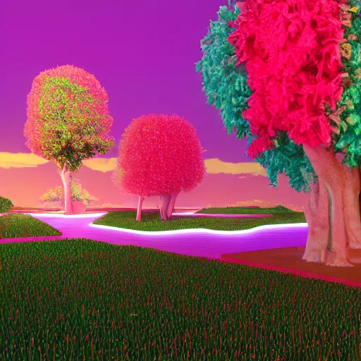 Prompt: vivid synthwave reflective river pentagon pinscher champagne walnut tree lambrusco , by Matthias Grünewald and Edgar Degas and Thomas Kinkade , Rendered in Cinema4D , pop art , trending on artstation