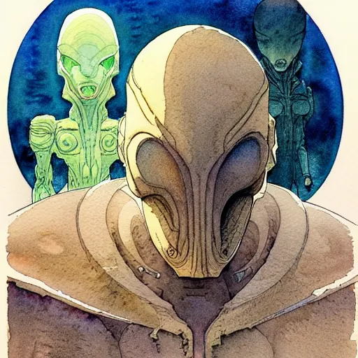 Image similar to a simple and atmospheric watercolour portrait of a pulp sci - fi alien god, very muted colors, by rebecca guay, michael kaluta, charles vess and jean moebius giraud