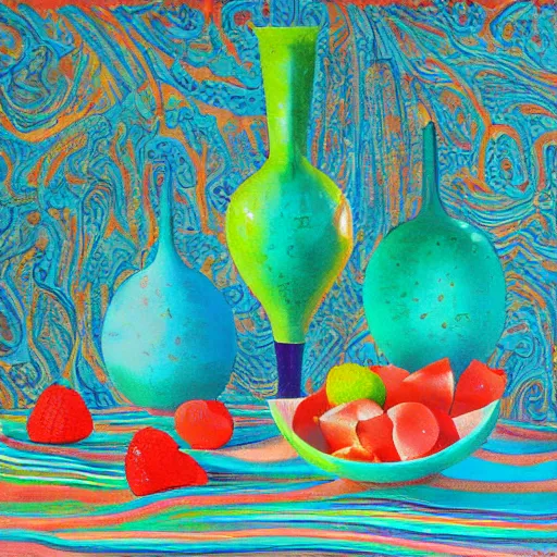 Prompt: by liu ye iron, turquoise swirling. a still life of fruit on a table. the fruit is arranged in a pyramid shape, with the largest pieces of fruit at the bottom & the smallest pieces of fruit at the top. the colors are bright & the experimental art has a lot of texture.