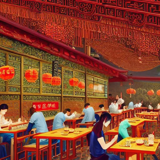 Image similar to a beautiful hyperdetailed interior 4 k hd wallpaper illustration of roasted string hotpot restaurant restaurant yan'an, wall painting, from china, with merchant logo, people are eating kebabs, fine delicate structure, surrealistic, chinese style, victo ngai