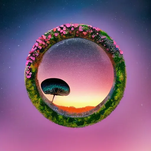 Image similar to A picture of a planet of various flowers, fungus and plants, in which the human figure is dressed in something magical and impressive, inside the picture is infinity, sunset light, Atmospheric phenomenon, artistic photography, muted colors, conceptual