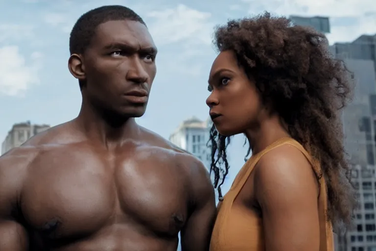 Image similar to movie powerful mutant heroes interracial couple closeup, DC Marvel fashion, VFX powers at night in the city, city street, beautiful skin, natural lighting by Emmanuel Lubezki