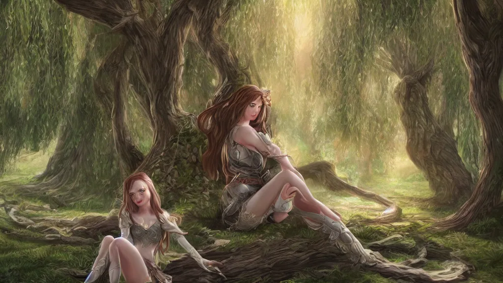 Image similar to female elf relaxing under large willow tree, natural lighting, D&D, fantasy, intricate, elegant, highly detailed, digital painting, artstation, concept art, sharp focus, illustration