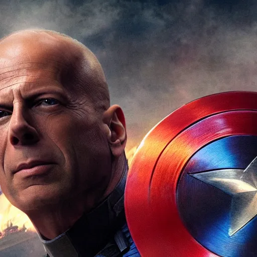 Prompt: Bruce Willis as Captain America, movie, cinematic