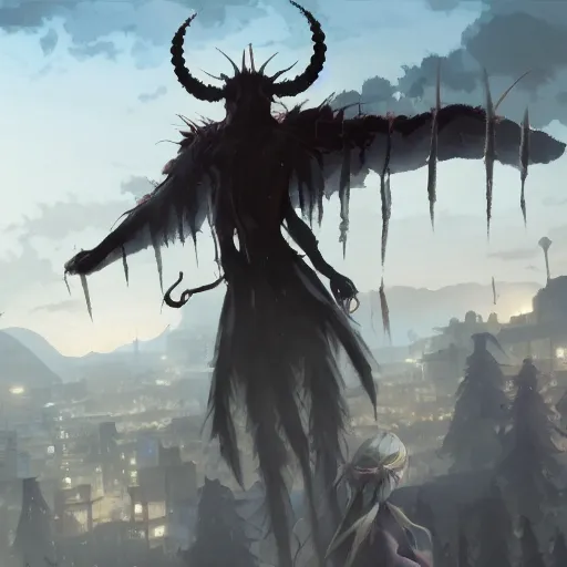 Image similar to a gigantic shadowy bug demon cyclops, medieval background, highly detailed, digital painting, artstation, matte, by makoto shinkai, animation style, studio ghibli, anime key visual