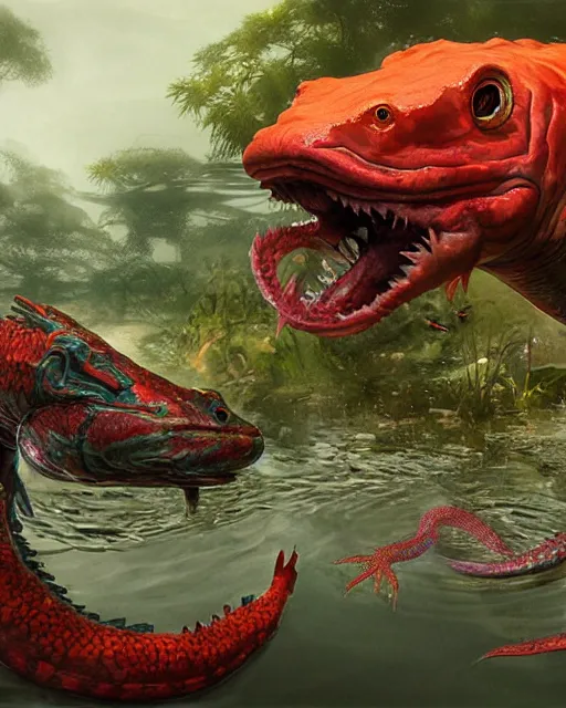 Image similar to game character beautiful giant kaiju sized pond serpent half fish half salamander, wet amphibious skin, red salamander, axolotl creature, koi pond, korean village by Ruan Jia and Gil Elvgren, fullbody