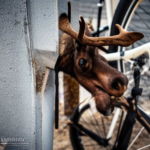 Prompt: anthropomorphic moose repairing a bicycle XF IQ4, f/1.4, ISO 200, 1/160s, 8K, RAW, unedited, symmetrical balance, in-frame