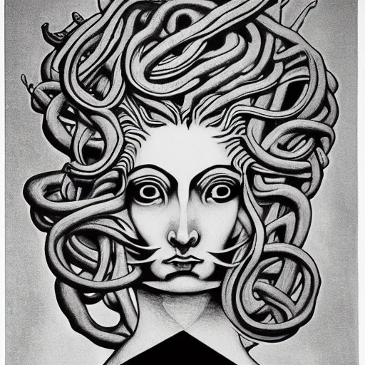 Prompt: Medusa by M.C. Escher, black and white stencil