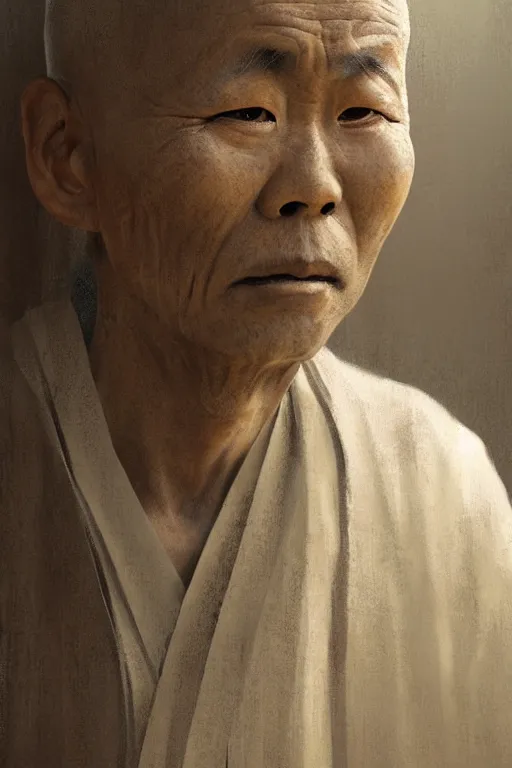 Image similar to Japanese monk, portrait, poor, intricate, elegant, volumetric lighting, scenery, digital painting, highly detailed, artstation, sharp focus, illustration, concept art,ruan jia, steve mccurry