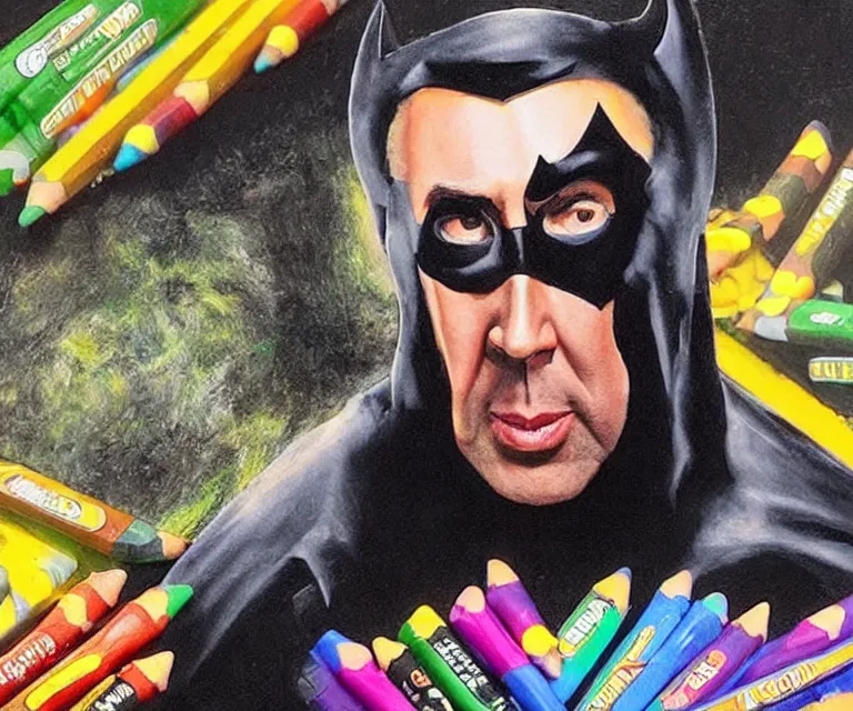 Prompt: “ nicholas cage as sad batman, eating crayons from the box, simple, hyperrealism, photorealistic, 8 k, high def ”