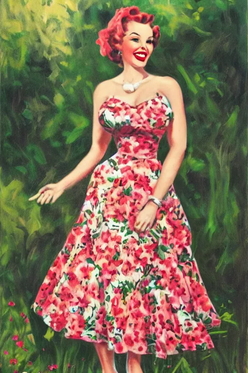 Image similar to a full view portrait of a beautifull woman, wearing a dress,with a beautifull smile,a garden background.in american style pin up.anatomically correct