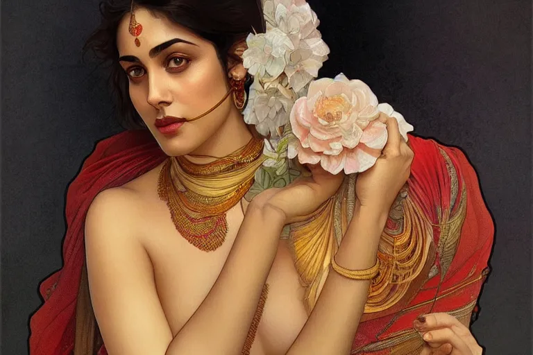 Image similar to sensual pale beautiful indian doctor in jeans, art deco portrait, elegant, intricate, digital painting, artstation, concept art, smooth, sharp focus, illustration, art by artgerm and greg rutkowski and alphonse mucha