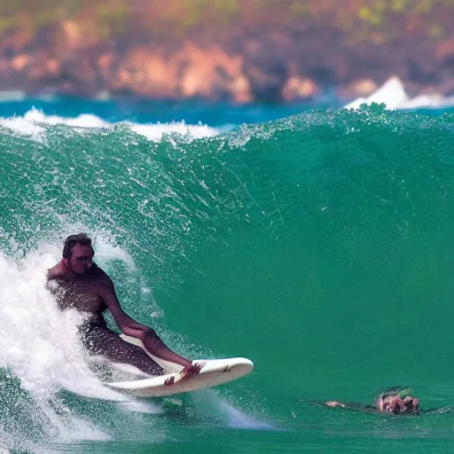 Prompt: teddy bear surfing in Bali