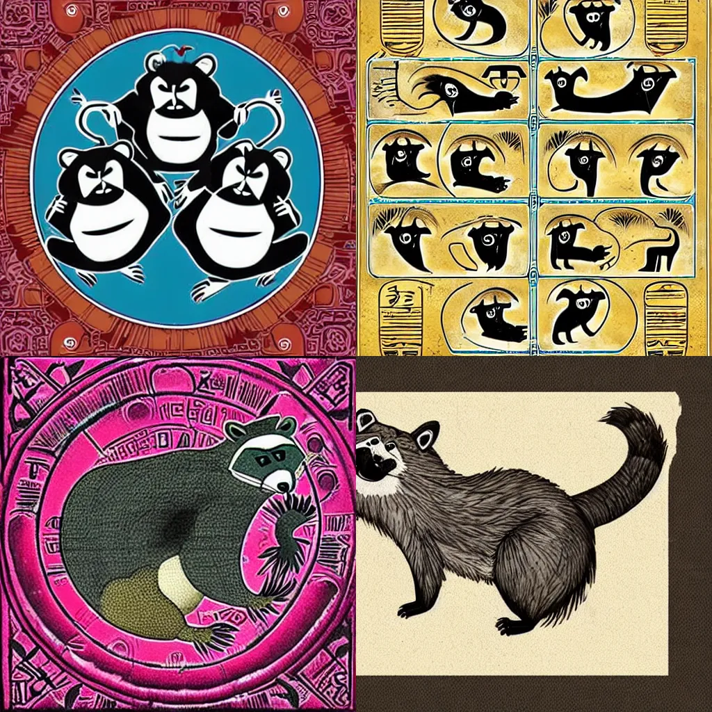 Prompt: raccoons in the style of hieroglyphics