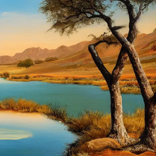 Prompt: quiet still pond, oasis in cleft of rock overlooking sandy desert spotted with dead trees, HD, oil painting,