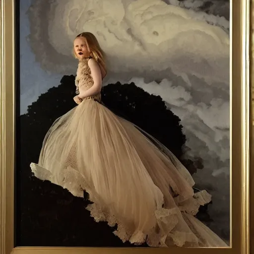 Prompt: Elle Fanning at night, stormy weather, extremely detailed masterpiece, oil on canvas, by Norman Rockwell and Peter Ruben,