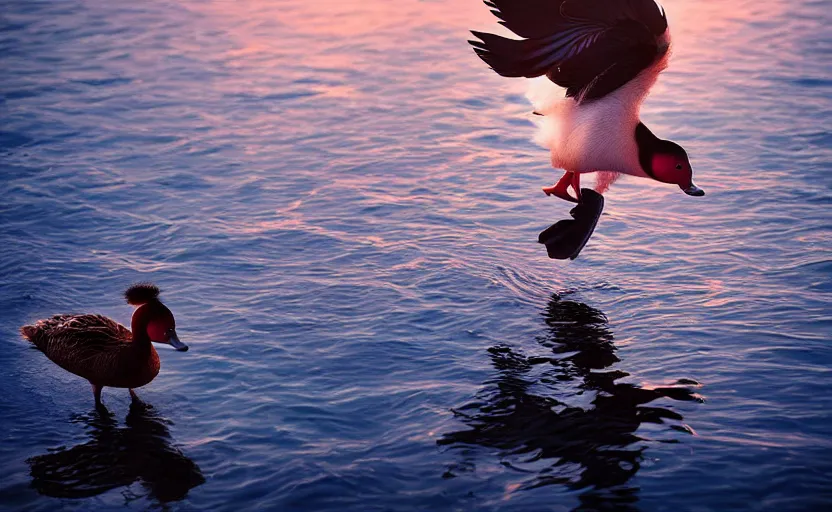 Image similar to Muscovy duck dancing on water, beautiful flowing fabric, sunset, dramatic angle, 8k hdr pixiv dslr photo by Makoto Shinkai and Wojtek Fus