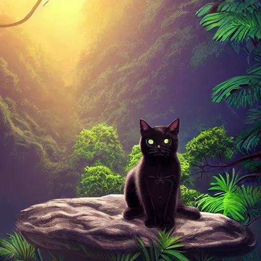 Image similar to a black cat seated on a rock in a jungle!, mist, tropical trees, vines, birds, sunset!, fluffy clouds, warm colors, beautiful lighting, digital art, intricate details, trending on artstation