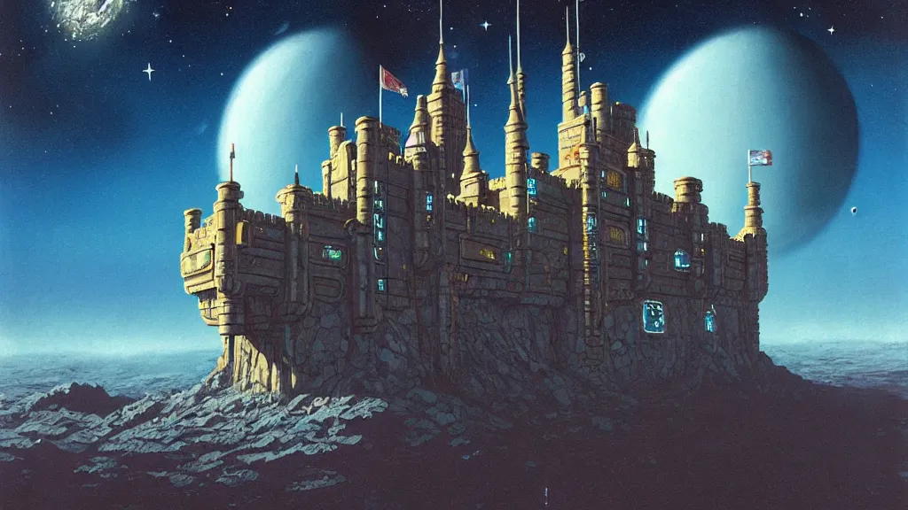 Image similar to a castle in outer space in the style of chris foss and rodger dean