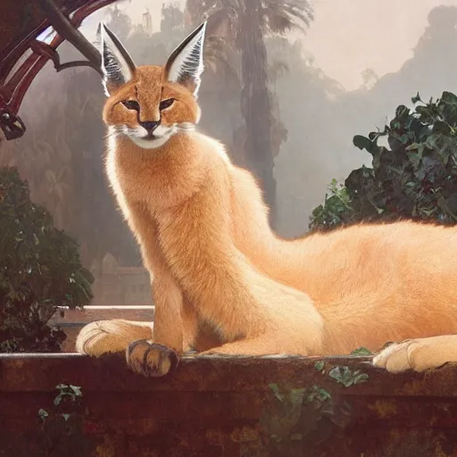 Image similar to concept art, a cute fluffy caracal, laurel wreath on his head, 8 k, alphonse mucha, james gurney, greg rutkowski, john howe, artstation