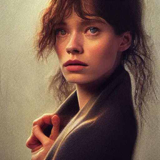 Image similar to Astrid Frisbey in the style of Paola Vetri, head and shoulders portrait, stormy weather, extremely detailed masterpiece, oil on canvas, low-key neon lighting, artstation, Blade Runner 2049, Roger Deakin’s cinematography, by J. C. Leyendecker and Peter Paul Rubens and Edward Hopper and Michael Sowa,