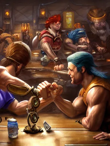 Prompt: arm wrestling while the tavern breaks into a brawl, fight free for all. intricate, elegant, highly detailed, digital painting, artstation, concept art, sharp focus, illustration, by justin gerard and artgerm, 8 k