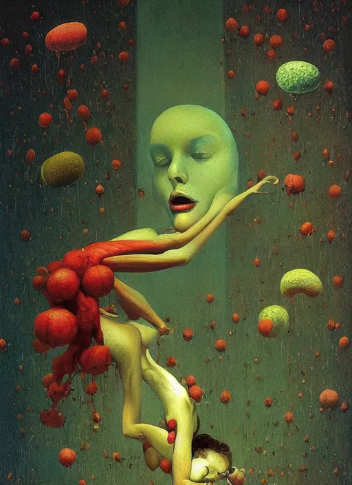 Prompt: She Eats Joyfully of the Suffocating Fruit and Her spiderlike gossamer glistening polyp blossoms bring iridescent fungal flowers whose spores black the foolish glaring stars Edward Hopper and James Gilleard, Zdzislaw Beksinski, Mark Ryden, Wolfgang Lettl highly detailed