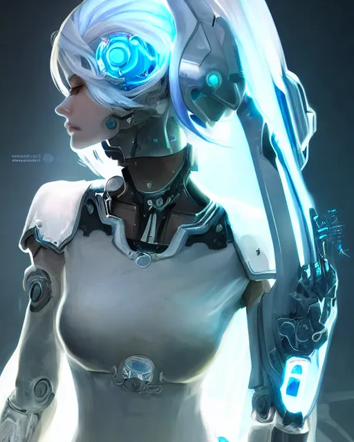 Image similar to holy cyborg necromancer girl, elegant, perfect face, scifi, futuristic, utopia, garden, illustration, atmosphere, warframe, blue eyes, white hair, artstation, nier automata, highly detailed, art by yuhong ding and chengwei pan and serafleur and ina wong