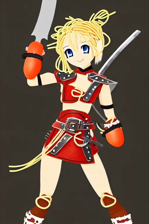 Image similar to A cute spaghetti-girl thief protagonist with leather-strap-armor and ninja weapons is exploring the tenth reality. A highly detailed fantasy character in the style of a McDonald's Burger