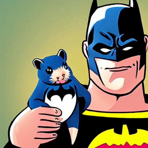 Image similar to Batman holding a hamster in his hands, smiling, comic book style