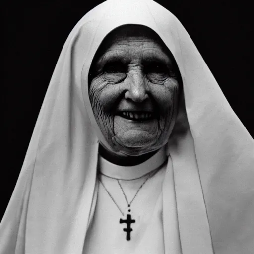 Prompt: antique black and white photograph of an old evil catholic nun, studio lighting, 1 8 7 6, shorpy, hyper detailed